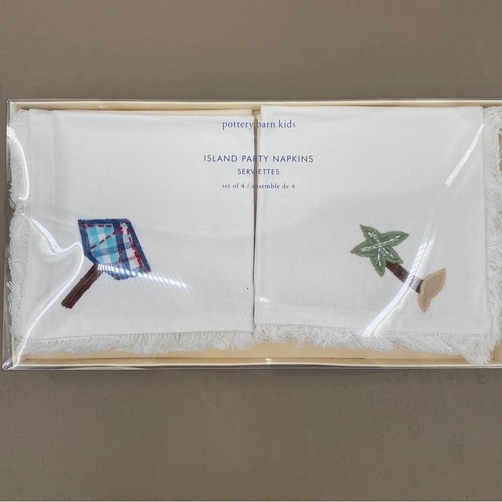 Pottery Barn Kids Island Party White Napkins 4 Embroidered Designs NWT